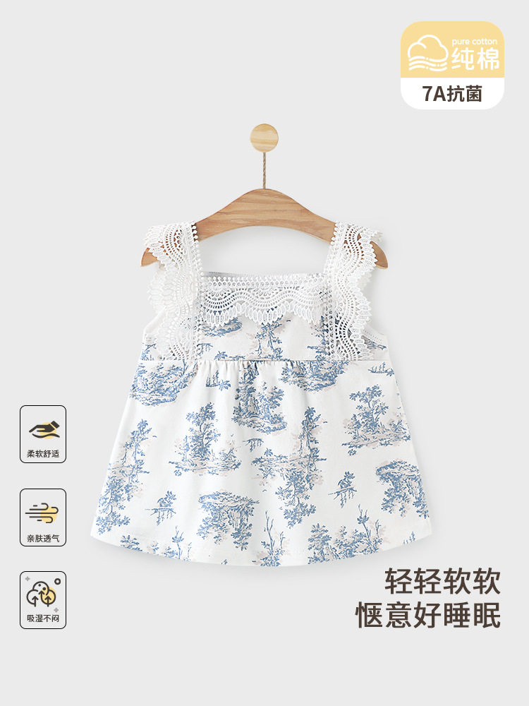 Lace cotton blue and white sleevless dress with bow girl's