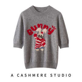 冬新款小兔子山羊绒短袖女圆领宽松套头毛衣纯色针织打底t恤