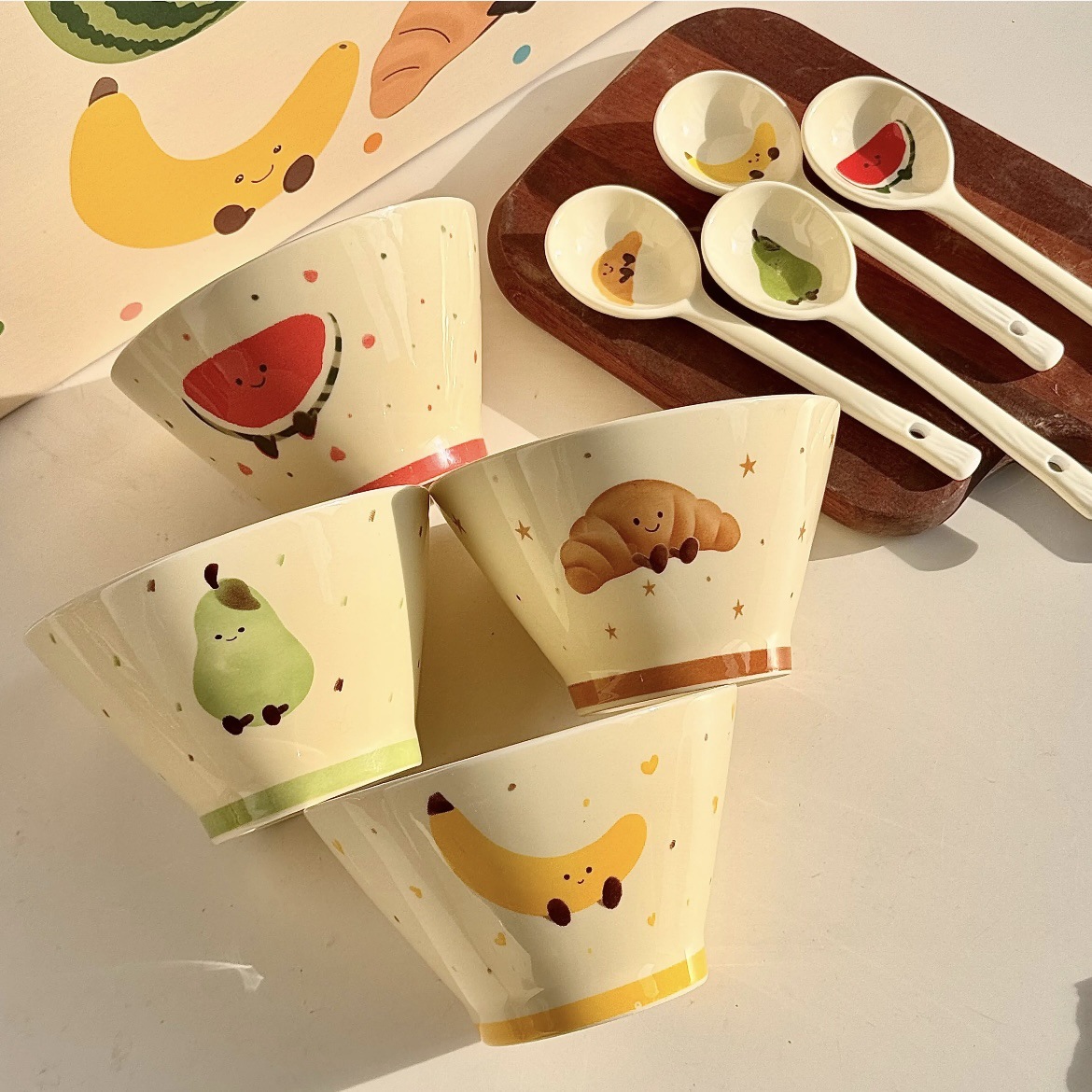 Fruit 5-inch bamboo hat bowl [4 bowls, 4 spoons]