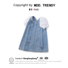 MDD女童牛仔连衣裙2024夏季新款女宝宝韩版泡泡袖拼接公主裙外贸