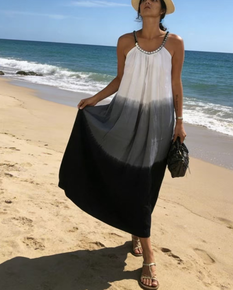 Plus Size Women Black Gray Gradient Tie Dye Suspender A Line Big Hem Midi Dress Casual Summer Beach Party Dress_ecoleips.com