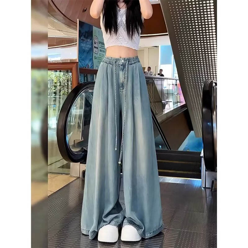 Light Blue Light Blue Tencel Wide-Leg Jeans for Women Summer Thin Large Size Loose Slimming Drape Lazy Style Straight