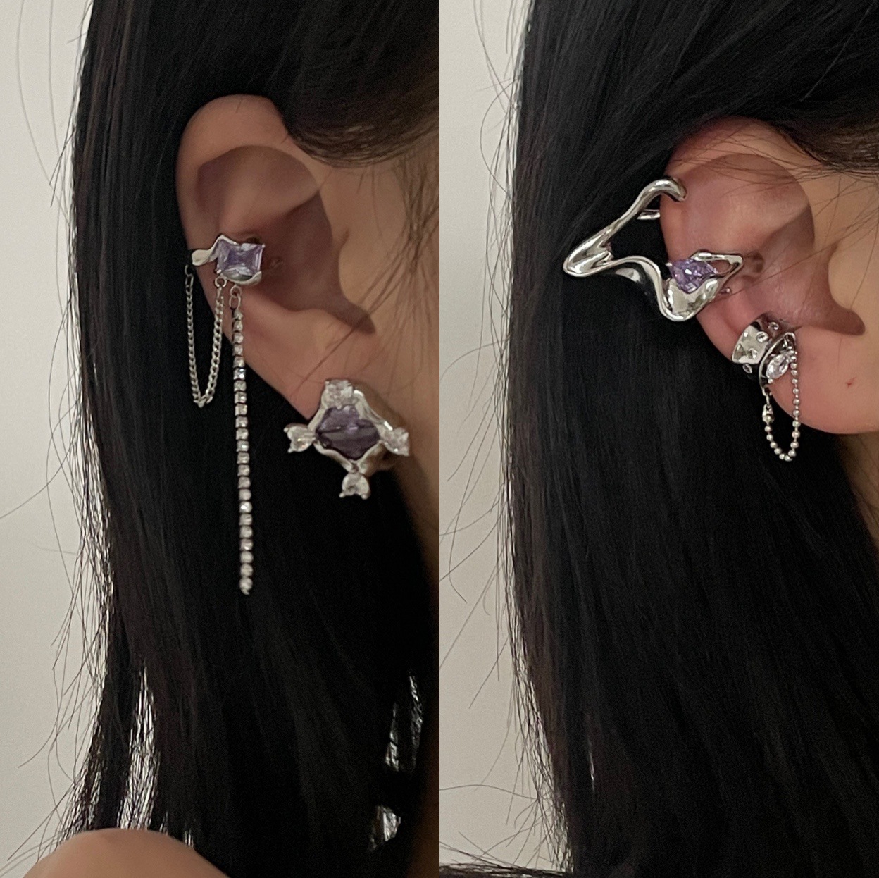 Simple Irregular Metal Purple Zircon Tassel Ear Bone Clip display picture 1