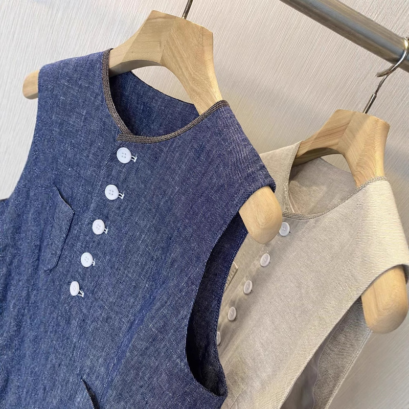 Cattle!! High-quality retro old money style ~ BC three-dimensional tailoring yarn-dyed imitation denim linen crew neck vest coat