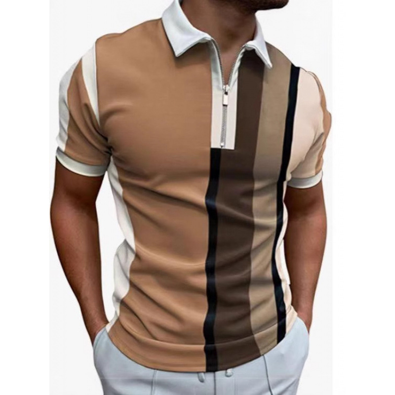 Summer European and American Trendy Men's Zip-Up Polo Shirt with Fashionable 3D Digital Print Lv Short Sleeves, Direct Sales from the Manufacturer