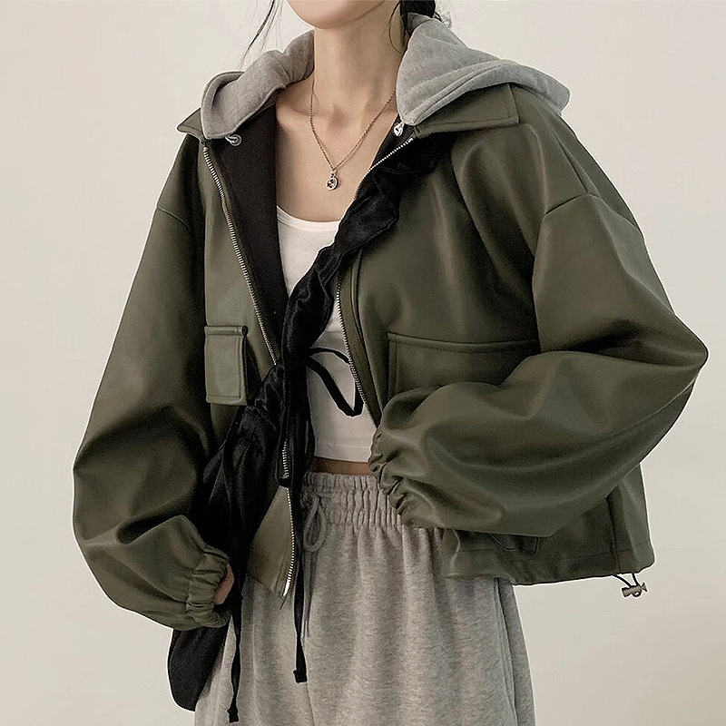 Korean Chic Autumn and Winter Retro Style Zipper Large Flap Pocket Pants Casual Loose Versatile Short Hooded Leather Jacket for Women