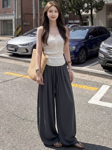Navy blue linen wide-leg pants for women's summer 2026 new style loose drag-feeling casual cotton and linen small Yamamoto pants