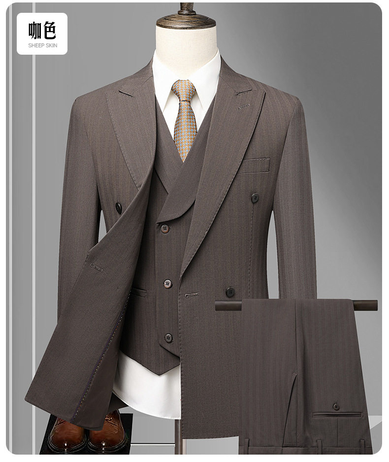 Bộ vest nam dáng ôm phối khuy hai hàng, áo vest + quần, kiểu công sở lịch lãm — Bao cao su màu be (áo+quần), Bộ 2 kiện màu cà phê (áo+quần), Màu be (áo+áo khoác+quần), Màu cà phê (áo+áo khoác+quần) chi tiết 20