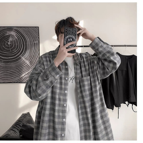 Men's Spring and Summer Long Sleeve Check Shirt, Layering Top, Retro Hong Kong Style, Relaxed and Cool Vibe, Loose Collared Shirt