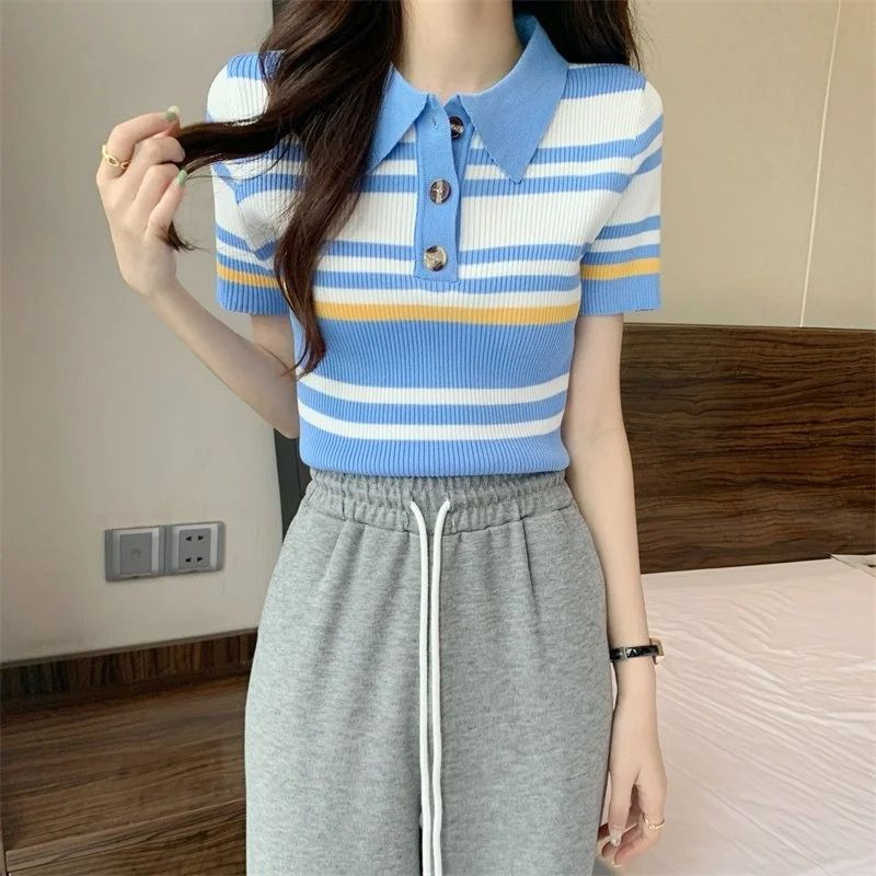 レディース ポロシャツ 横縞模様の半袖ニット襟付きトップス