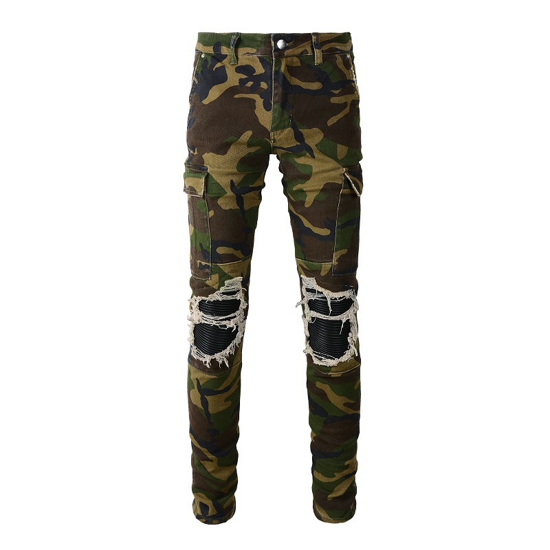 Men's Clothing high street ins same style washed and distressed multi pocket style youth slim camouflage skinny pants jeans_voghion.com