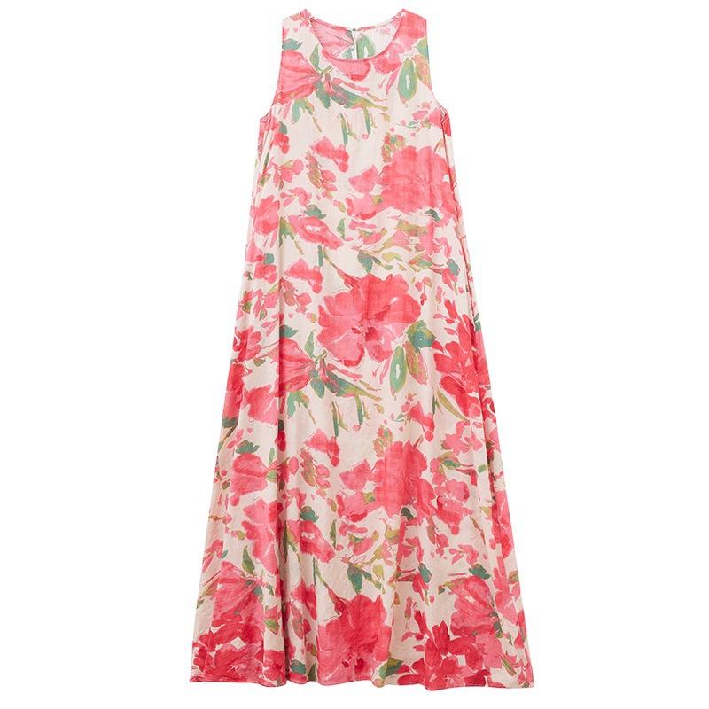Real Shot Of The 2024 Summer New Bohemian Artistic Loose Sleeveless Round-neck Printed Mid-length Dress For Women_ecoleips.com