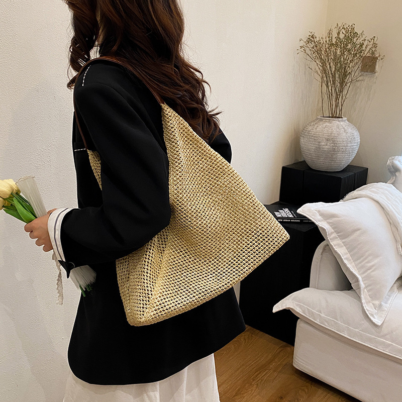 2025新型韓国版ins編みバッグ女性大容量海辺リゾート風シングルショルダーバッグ復古小衆特包|undefined