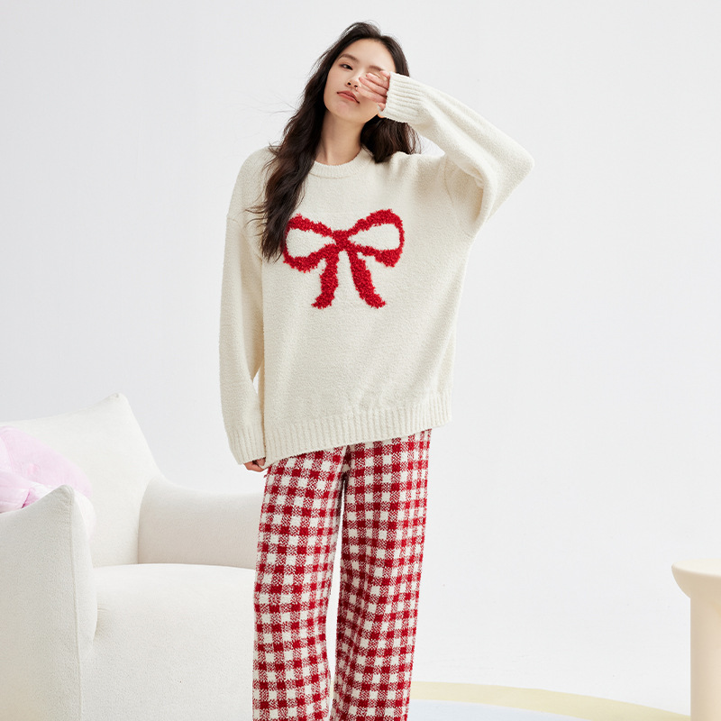 秋冬季套头半边绒印花小熊睡衣女加厚冬季半边绒情侣家居服套装|undefined
