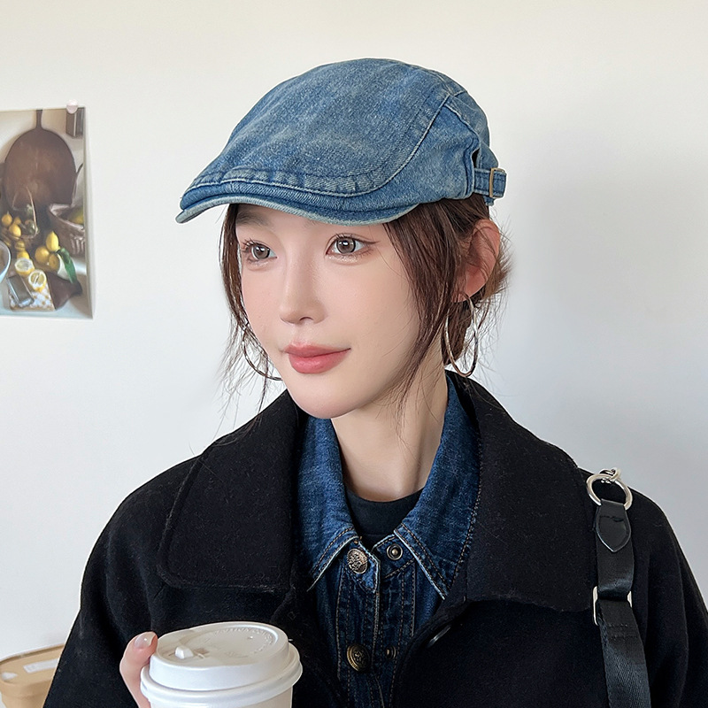 Mujeres primavera y verano muestran cara pequeña con gorra de boina de lengua de pato, gorra de vaquero coreana retro lavada con agua.