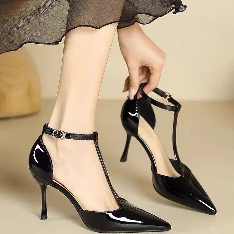 One-Line Buckle Hollow Flats, Toe-Toe High Heels for Women, 2025 Spring New Sexy Pointed Toe Stiletto Sandals T-Shaped