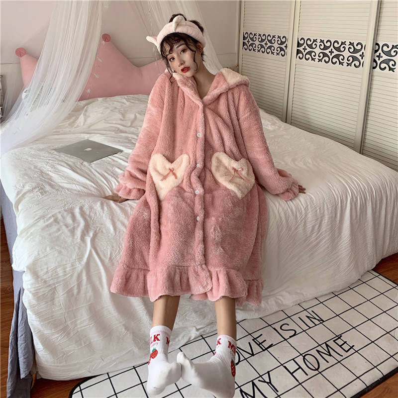 特価!! パジャマ女性の冬のパジャマは保温冬の学生のかわいいバスローブとベルベットはサンゴのベルベットを厚くした|undefined