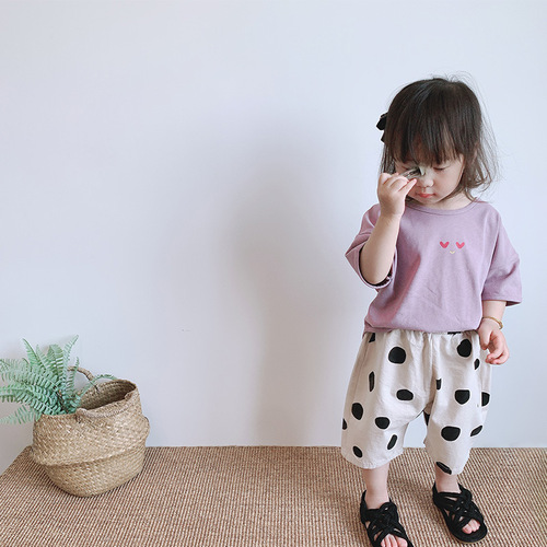 Korean children's clothing girls summer polka dot pants 2 children's style medium pants loose baby new cropped pants 1-3 years old
