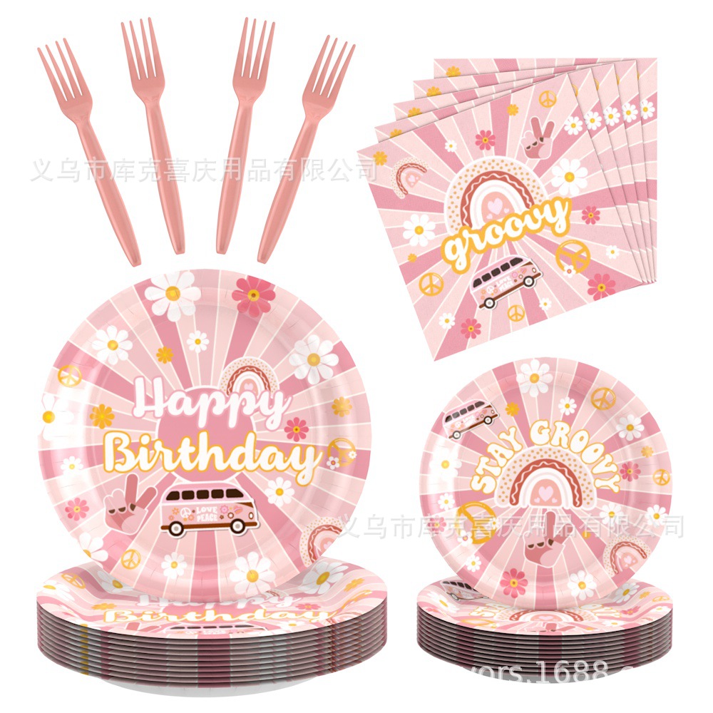 Nueva niña hippie cumpleaños bandeja de papel desechable taza de papel toalla de papel juego de vajilla plato de fiesta bohemia
