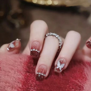 Flash Diamond New Year Red Nail Art Butterfly Glitter Powder Wear Armor Removable Fake Nail Medium Short Ballet Nail
