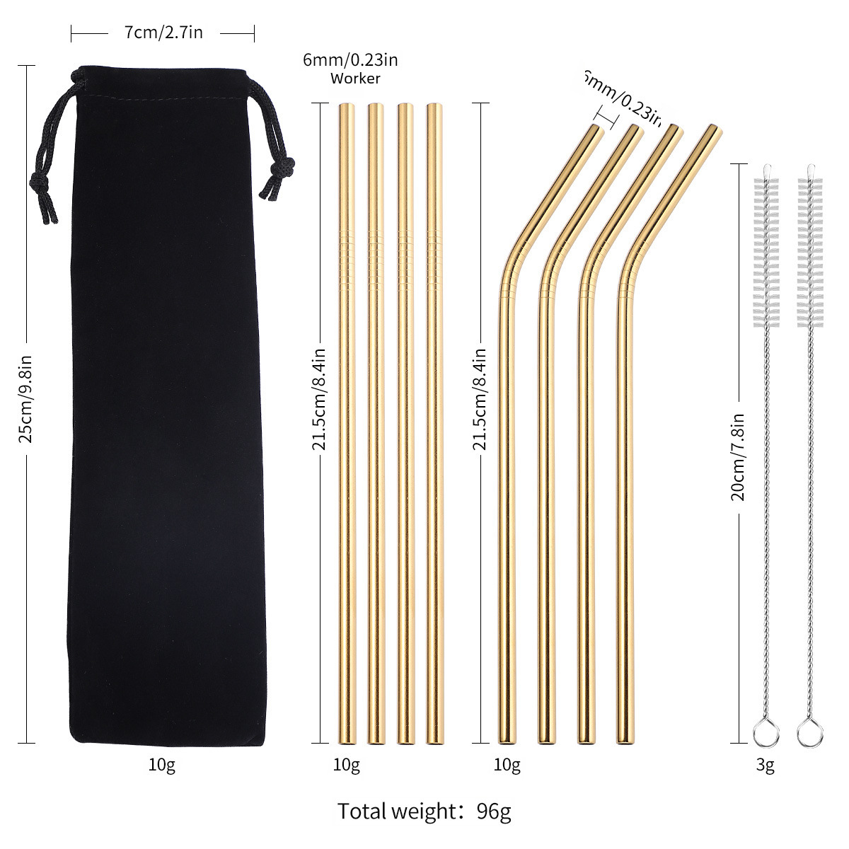 Factory wholesale ins style 304 stainless steel straw colorful food grade bend head beverage metal water cup accessories brush 