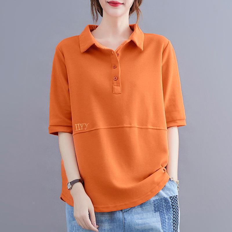 Loose Short-Sleeve T-Shirt for Mother 2024 Summer New Casual Thin Cotton Sweater Large Size Fashionable Lapel Mid-Sleeve Top