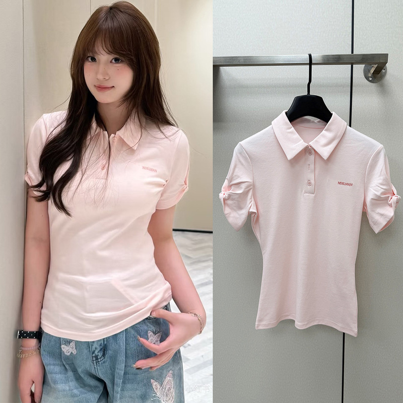 Nanyou Quality 2026 Summer New Style Letter Embroidery Sleeve Ruched Waist Slim Fit Pink Polo Shirt Short Sleeve Women