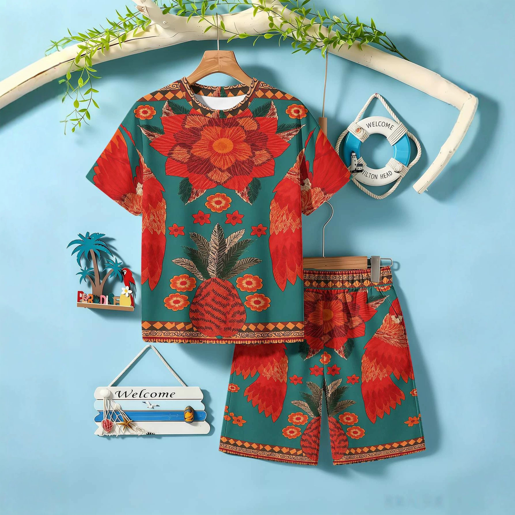 Ensemble deux pièces pour garçon, imprimé cerises 3D, manches courtes et short, collection été 2026_voghion.com