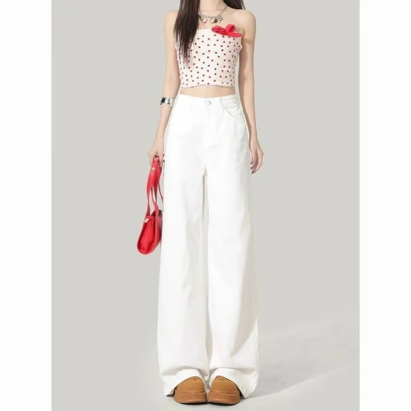 White straight wide-leg jeans, 2026 summer new style, high-waisted, drapey, slimming, loose, floor-length, trendy pants