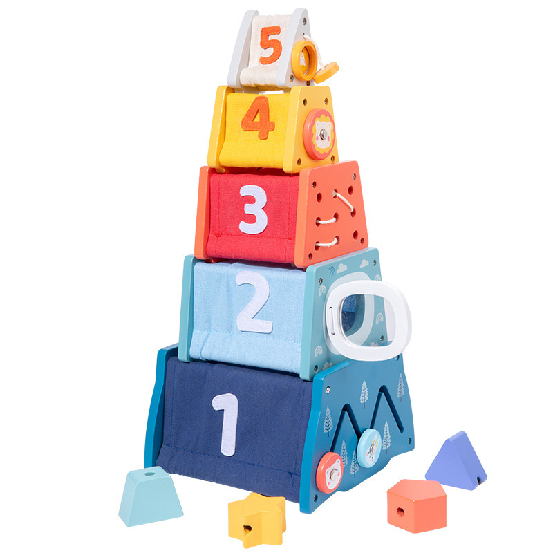 Weiweihu para niños, torre ocupada multifuncional de madera, apilamiento de cohetes, torre de apilamiento, juguete de tela multifuncional para rompecabezas