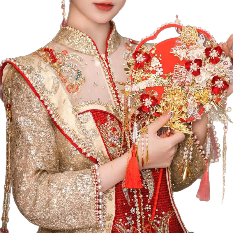 新娘结婚秀禾团扇新中式古风双面手工成品遮面香槟色蕾丝花朵团扇|undefined