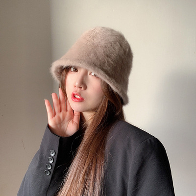 Kapelusze dla kobiet na zimę, koreańskie ins słodkie wiadro z włosia królika uniwersalny zimny i ciepły kapelusz rybaka, trend na kapelusze do basenu_voghion.com