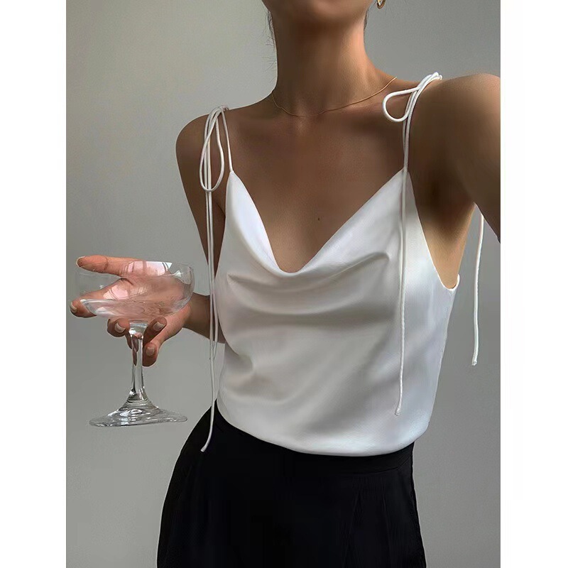 Summer French-Style High-End Camisole for Outerwear with a Suit, Inner Layer Satin Silk Pure Desire Halter Top