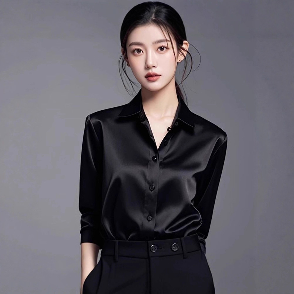 2025年春装新款高级感醋酸缎面墨绿色衬衫女长袖时尚气质洋气衬衣