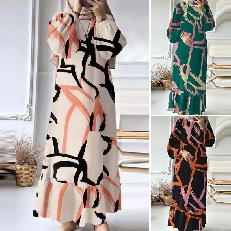 Cross-Border Muslim Women's Clothing Retro Puff Sleeve Printed Ruffle Pocket Dress Middle East Dubai Spring Autumn Abaya_ecoleips.com
