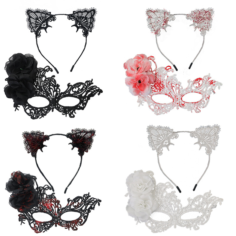 Halloween nueva máscara de encaje de rosa caliente misteriosa sexy mitad cara adorable gato orejas conjunto de banda de pelo
