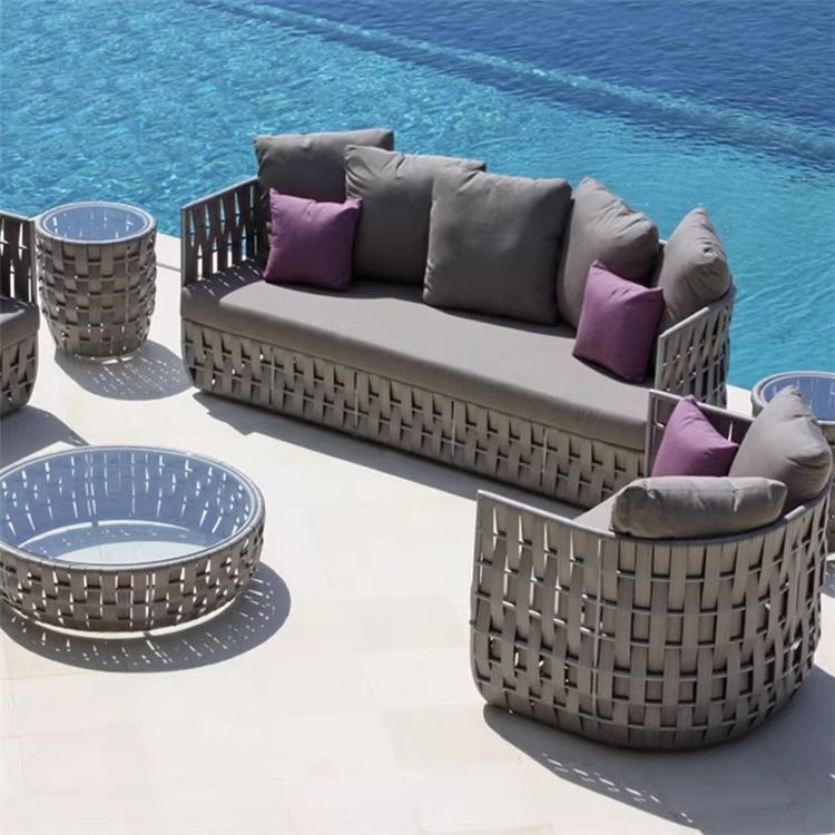 Nórdico al aire libre sofá de caña ocio jardín clubhouse muebles villa balcón impermeable triple silla de caña combinación de sofá