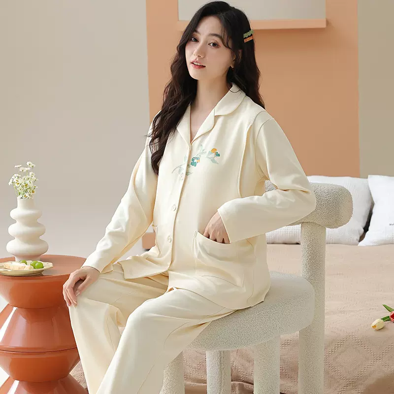 纯棉双面紧密220克带胸垫月子服睡衣女秋冬季长袖孕妇产前产后