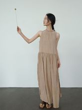 原创复古简约棉麻皱布长裙  文艺田园高腰系带旅行连衣裙L24073