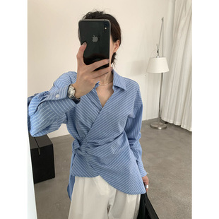 THINK十三行韩系设计感系带不规则衬衫女2025秋季新款V领宽松上衣-阿里巴巴