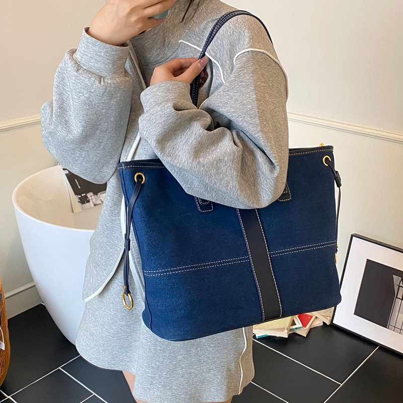 Bolso tote retro estilo Hong Kong 2025 verano nuevo estilo bolso femenino moda color contraste bolso de hombro de mezclilla de gran capacidad