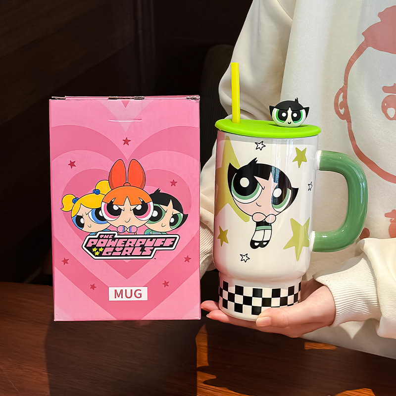 Bob Esponja paja copa de agua regalo de cumpleaños mujer copa de cerámica dormitorio casero copa con tapa