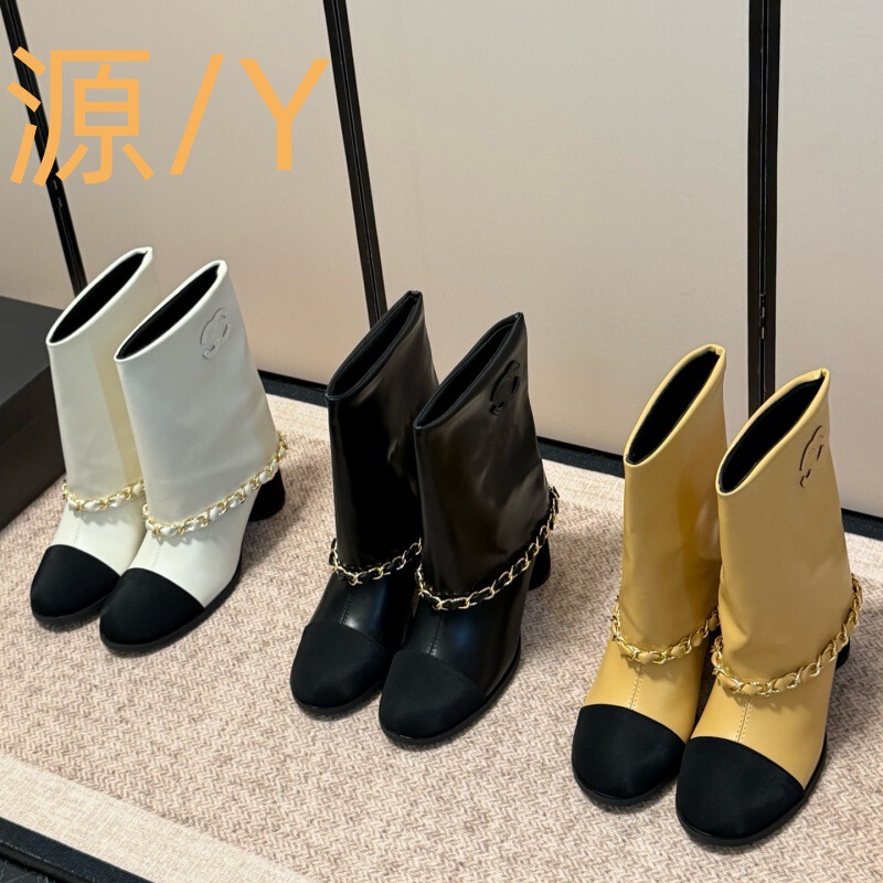 High-end version 26 early autumn round-toe color-blocked French chain slip-on short boots, fashionable and versatile, chunky heel, over-the-knee pant boot for women High-end version 26 early autumn round-toe color-blocked French chain slip-on short boots, fashionable and versatile, chunky heel, over-the-knee pant boot for women