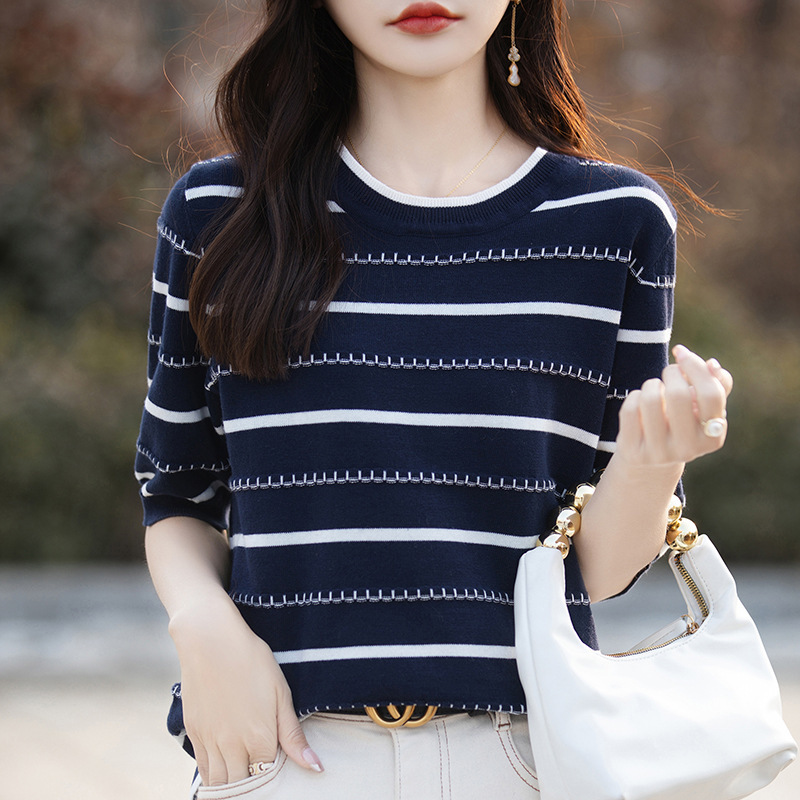24 New striped round neck cotton T-shirt small shirt summer tight waist knitted top women's thin with skirt wholesale 24 New striped round neck cotton T-shirt small shirt summer tight waist knitted top women's thin with skirt wholesale