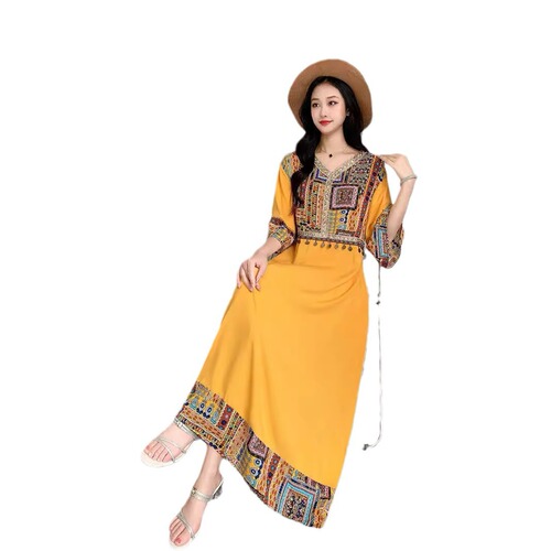 Women's Chinese-style modified summer dress with short sleeves, literary and retro ethnic style, Yunnan vacation dress