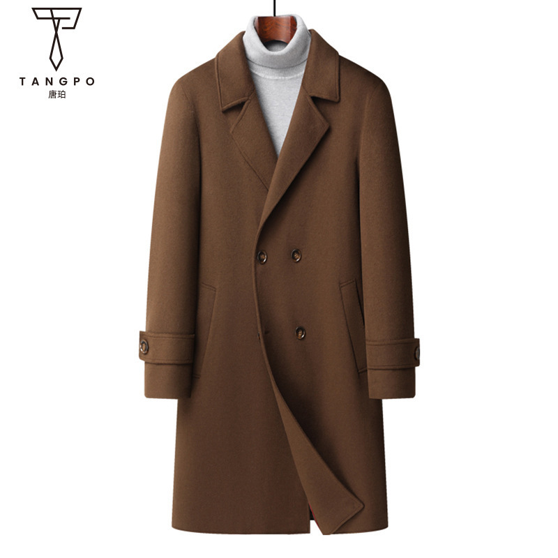 Men's Cashmere Coat, Double-Sided, Double-Breasted, Long, Fitted, Casual, Youth Woolen Coat, Wool Drop-Shoulder Coat