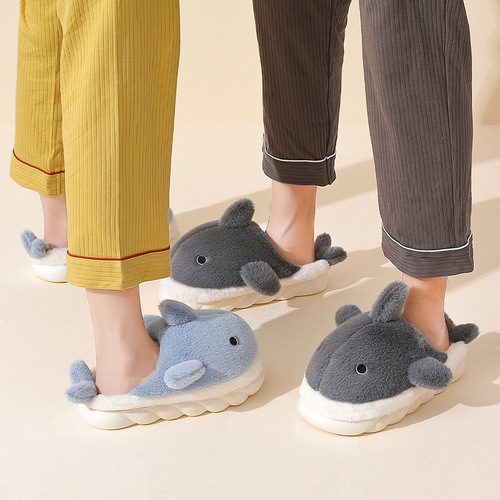 Home Furry Slippers for Women Winter Cute Whale Slippers for Home Men's Plush Thick-soled Cotton Slippers for Men Wholesale
