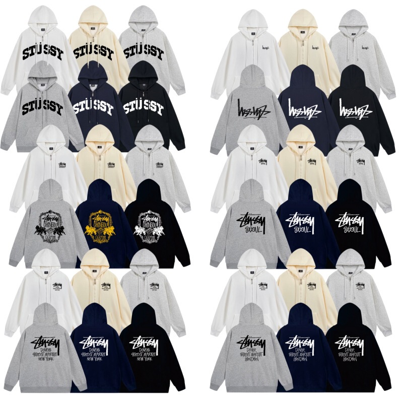 Cross-Border Stussy Zip-Up Hoodie with Hood, Long Sleeves, Casual Print, Classic Style Jacket