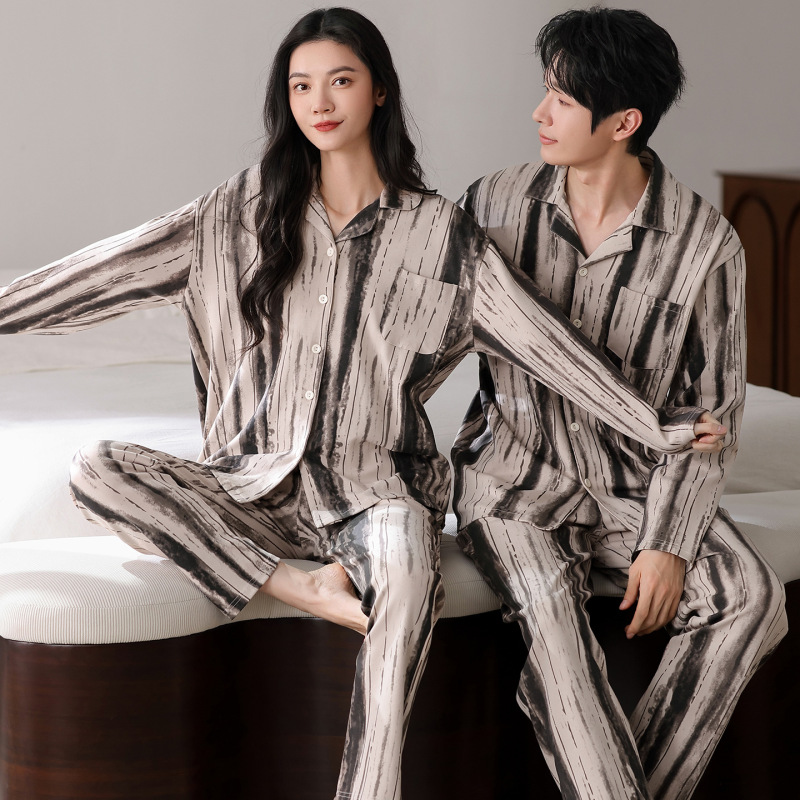 韩式翻领开衫纯棉情侣睡衣秋季长袖长裤时尚休闲青年家居服可外穿|undefined