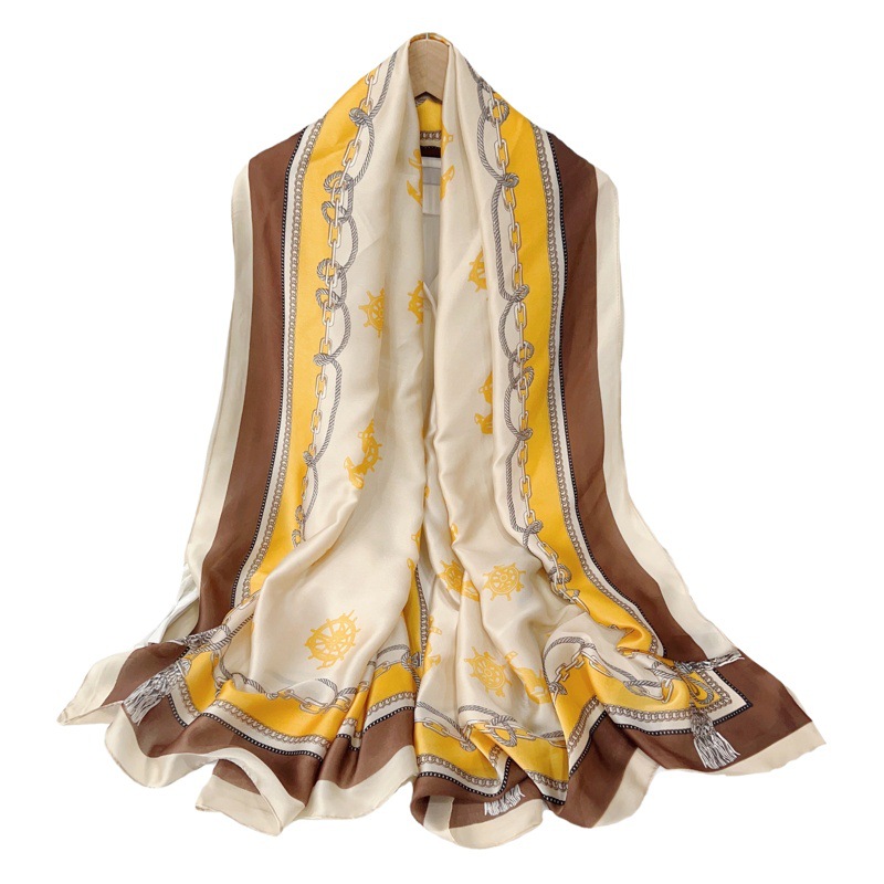 Nueva bufanda de verano de las mujeres de estilo coreano versátil bufanda delgada impresa seda artificial viaje protector solar chal Toalla de playa de las mujeres